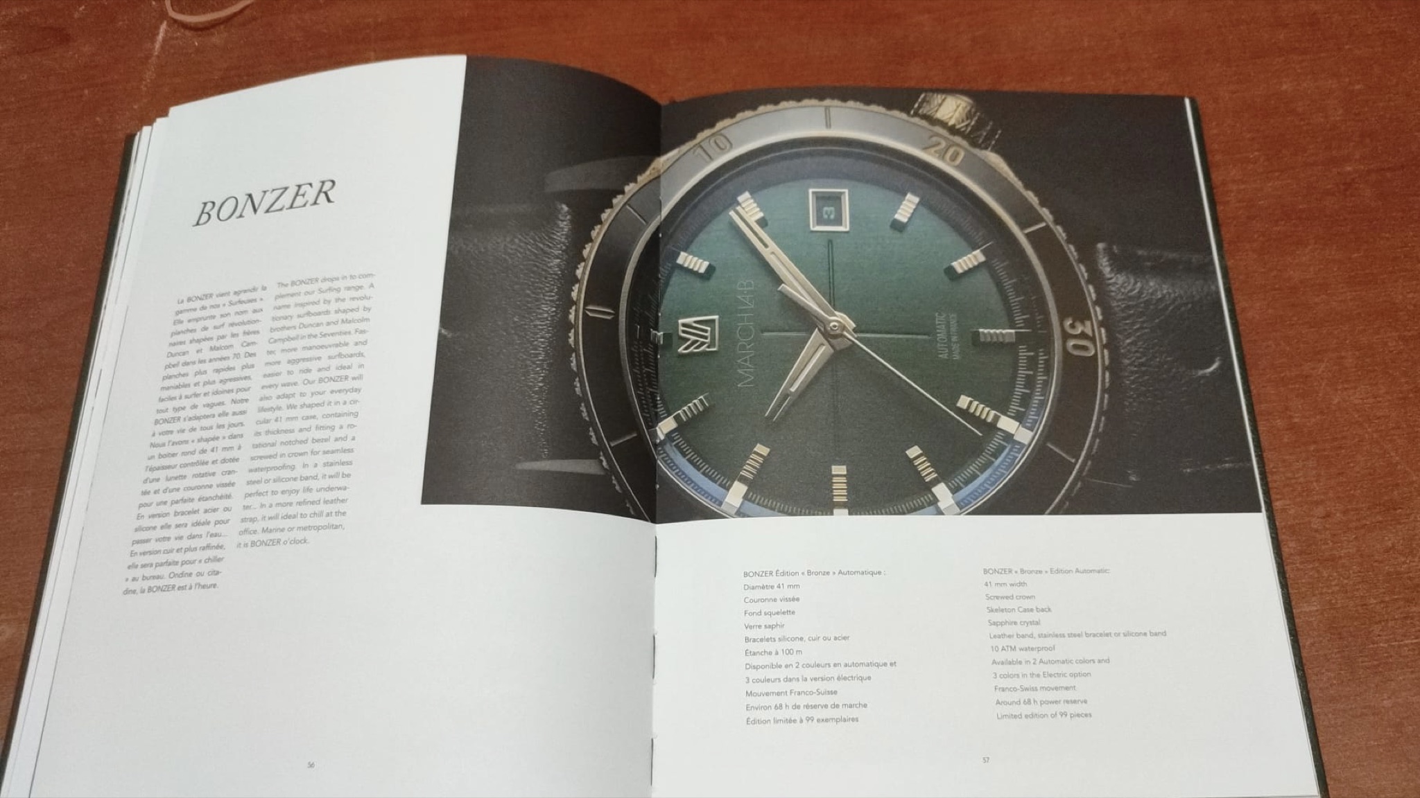 Double page du livre MARCH LA.B présentant la montre Bonzer